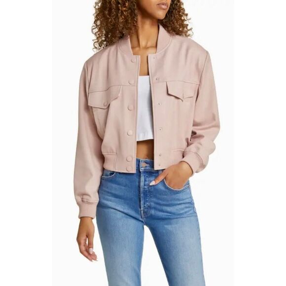 Blush Pink Cropped Bomber Jacket Utility Pockets Snap Front Lightweight - Picture 1 of 12